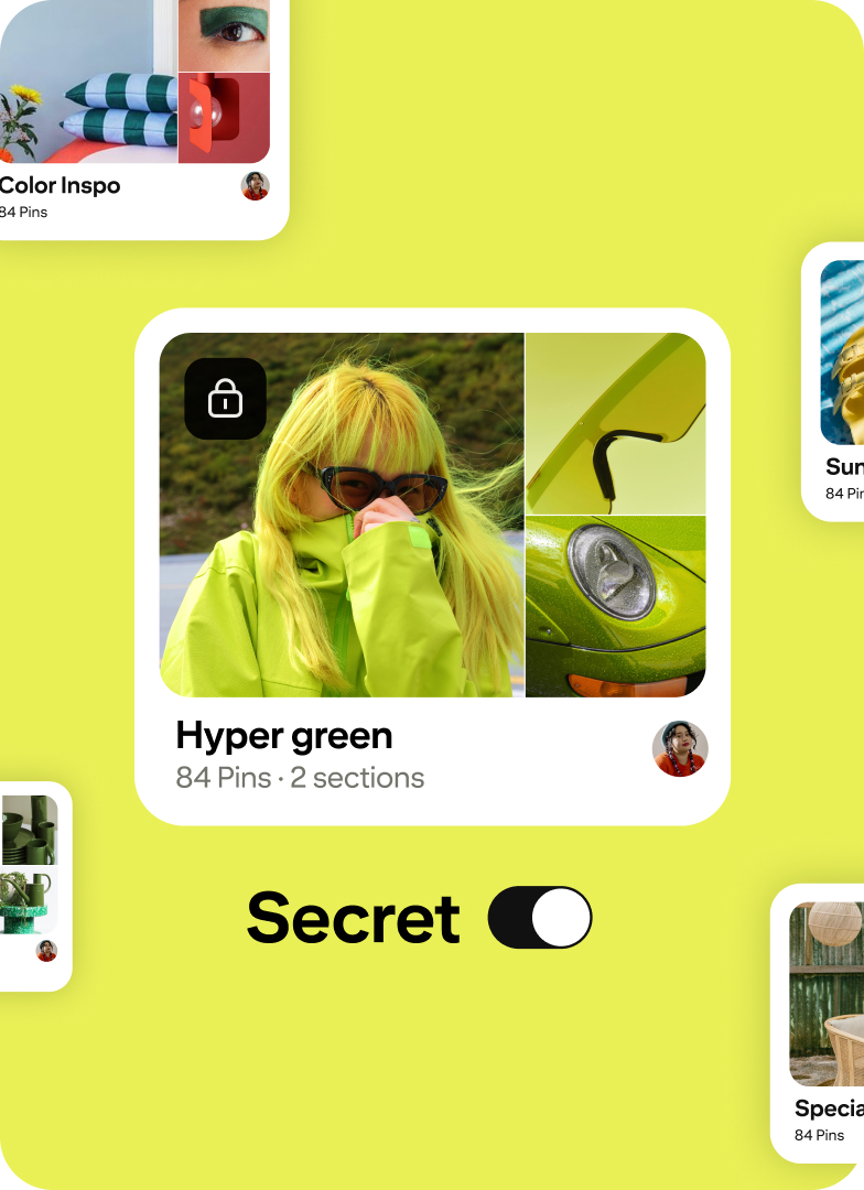 A board titled “Hyper green” with a lock icon and a toggle labeled “Secret,” indicating the board is set to private.