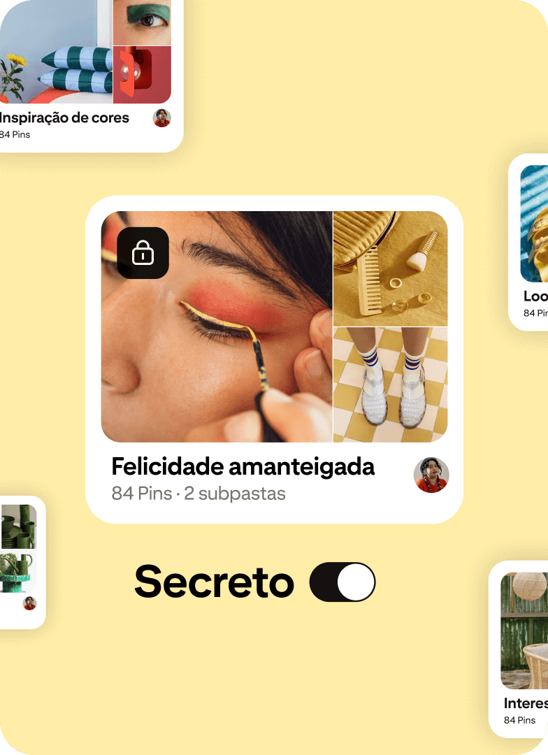 Uma pasta secreta chamada "Felicidade amanteigada" está centralizada entre miniaturas de outras pastas do Pinterest. 