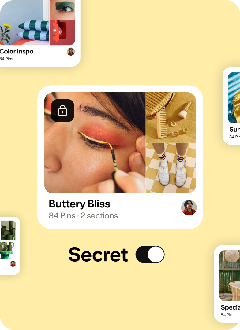 A secret board called “Buttery Bliss” is centered among thumbnails of other Pinterest boards. 