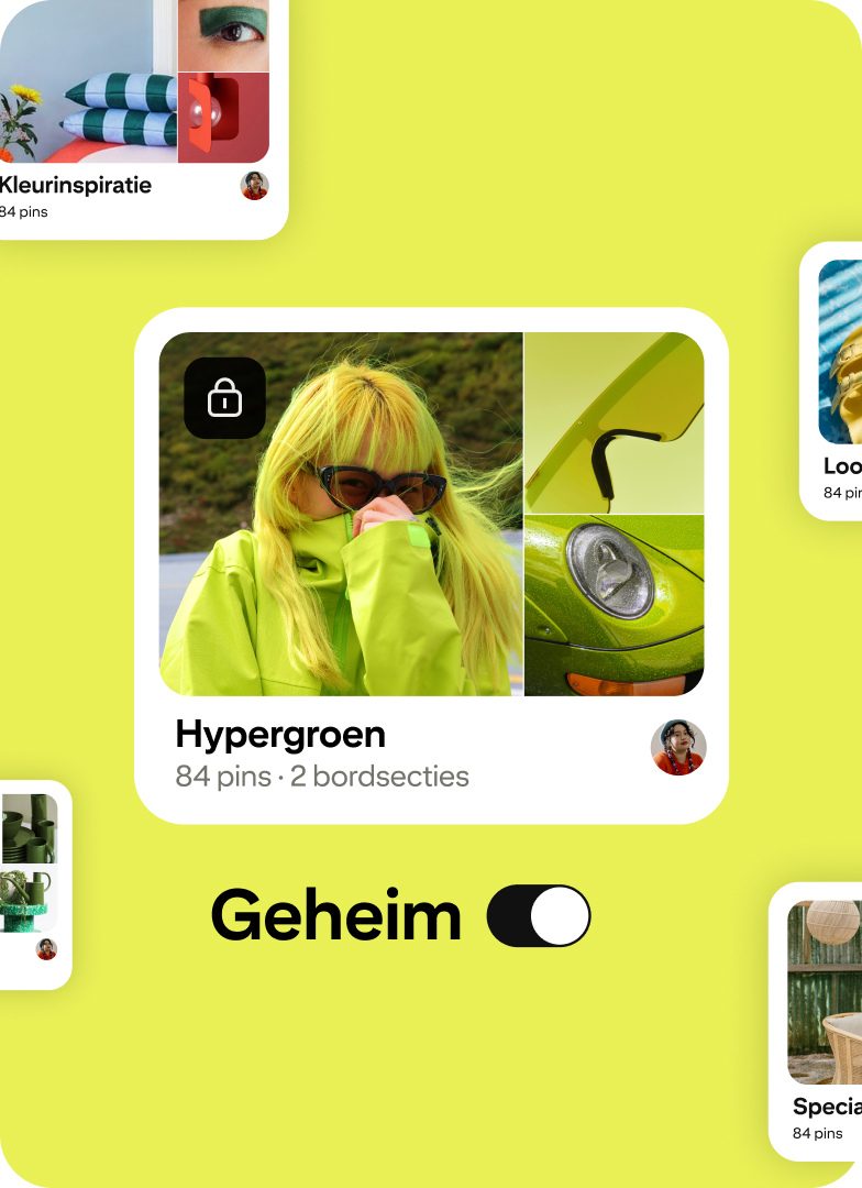Een bord met de titel 'Hyper green' met een slotje en een schakelaar met het label 'Geheim', wat aangeeft dat het bord als privé is ingesteld.