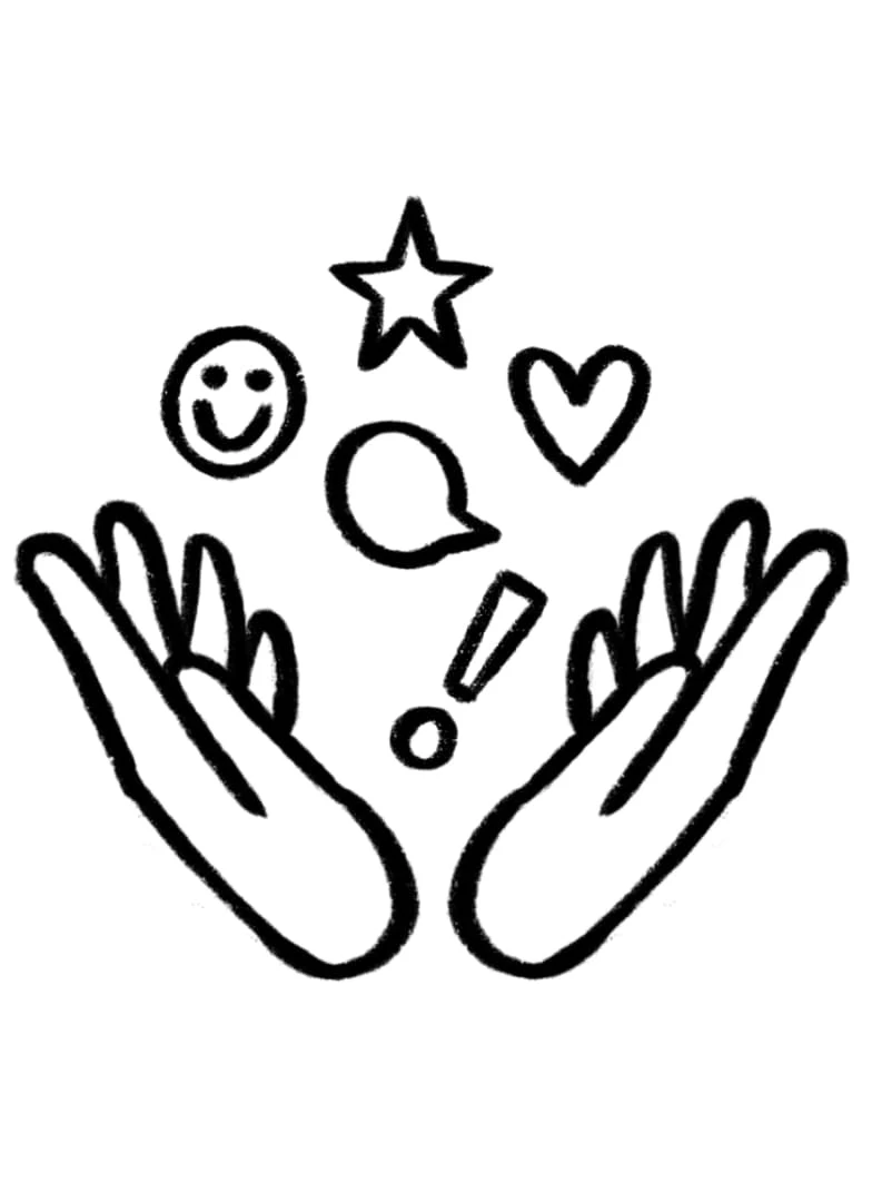 An illustration of two raised hands under a collection of icons, such as a happy face, a star and a heart