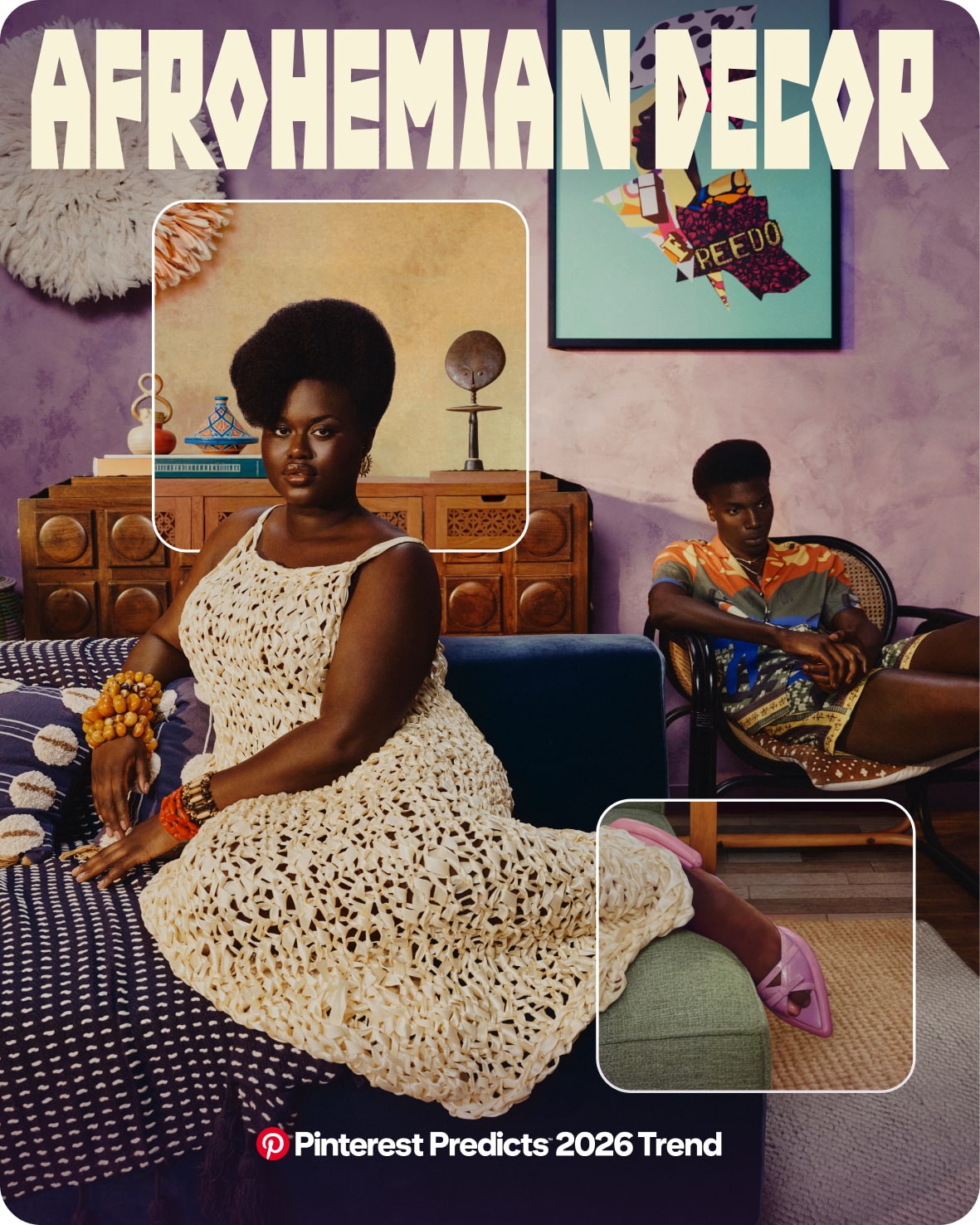 Two people sit in a room with purple walls and a mix of bohemian and African decor.