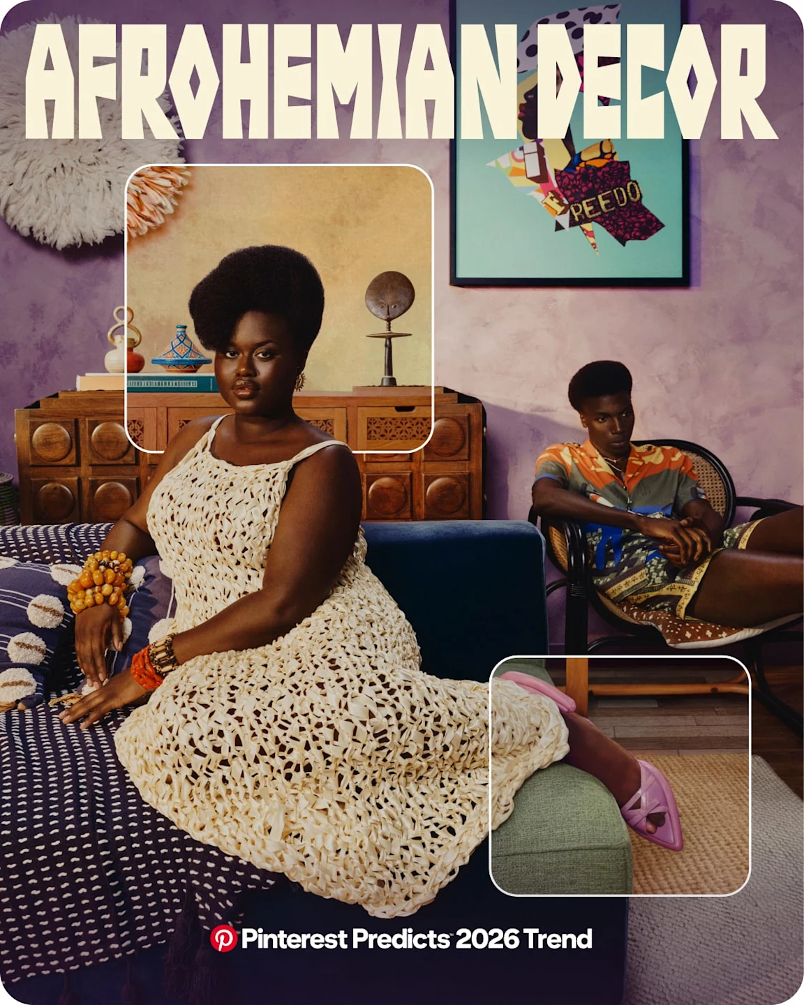 Two people sit in a room with purple walls and a mix of bohemian and African decor.