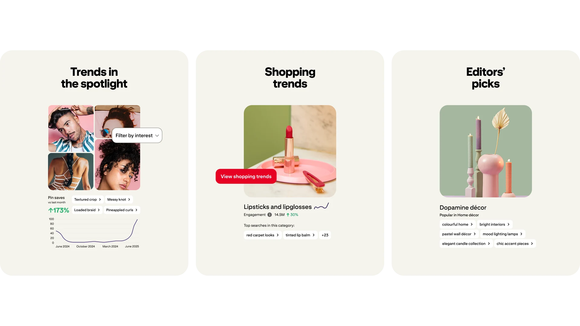 Three sections highlight how the Pinterest Trend Tool helps advertisers