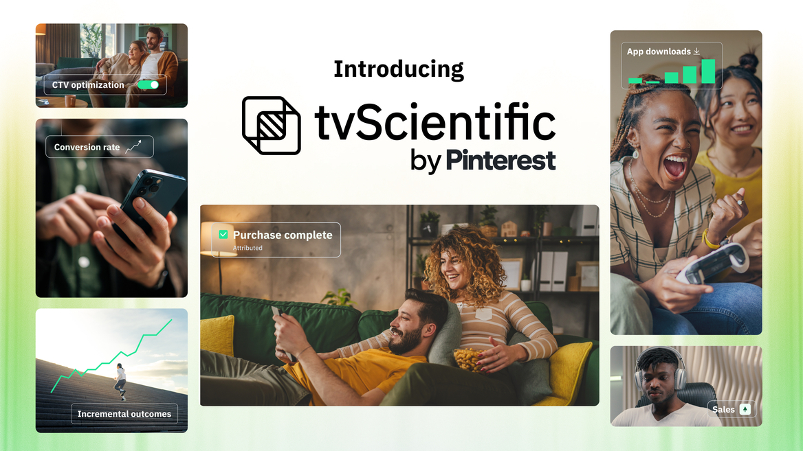 Branded graphic for tvScientific by Pinterest announcing Pinterest audiences on Connected TV.