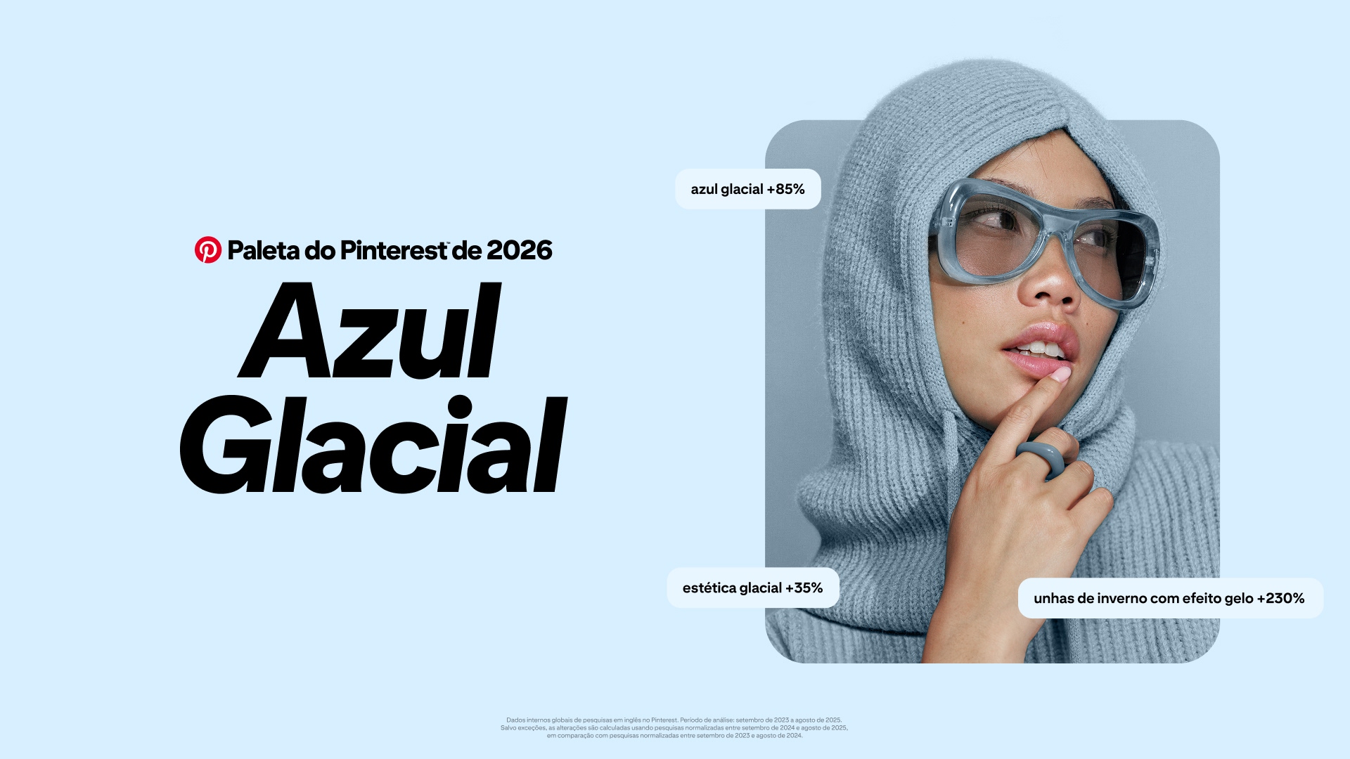 Um fundo azul‑gelo pálido com um grande texto em preto dizendo “Paleta do Pinterest de 2026 Azul Glacial”.