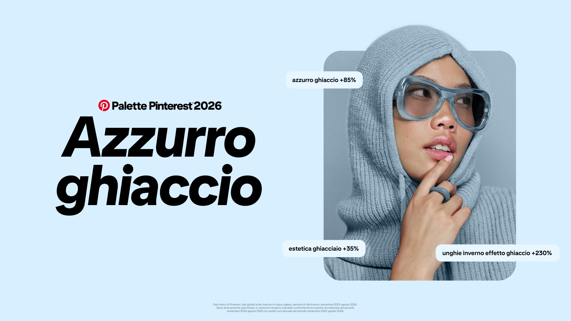 Uno sfondo azzurro ghiaccio pallido con un grande testo nero che recita 'Pinterest Palette 2026 Azzurro Ghiaccio.