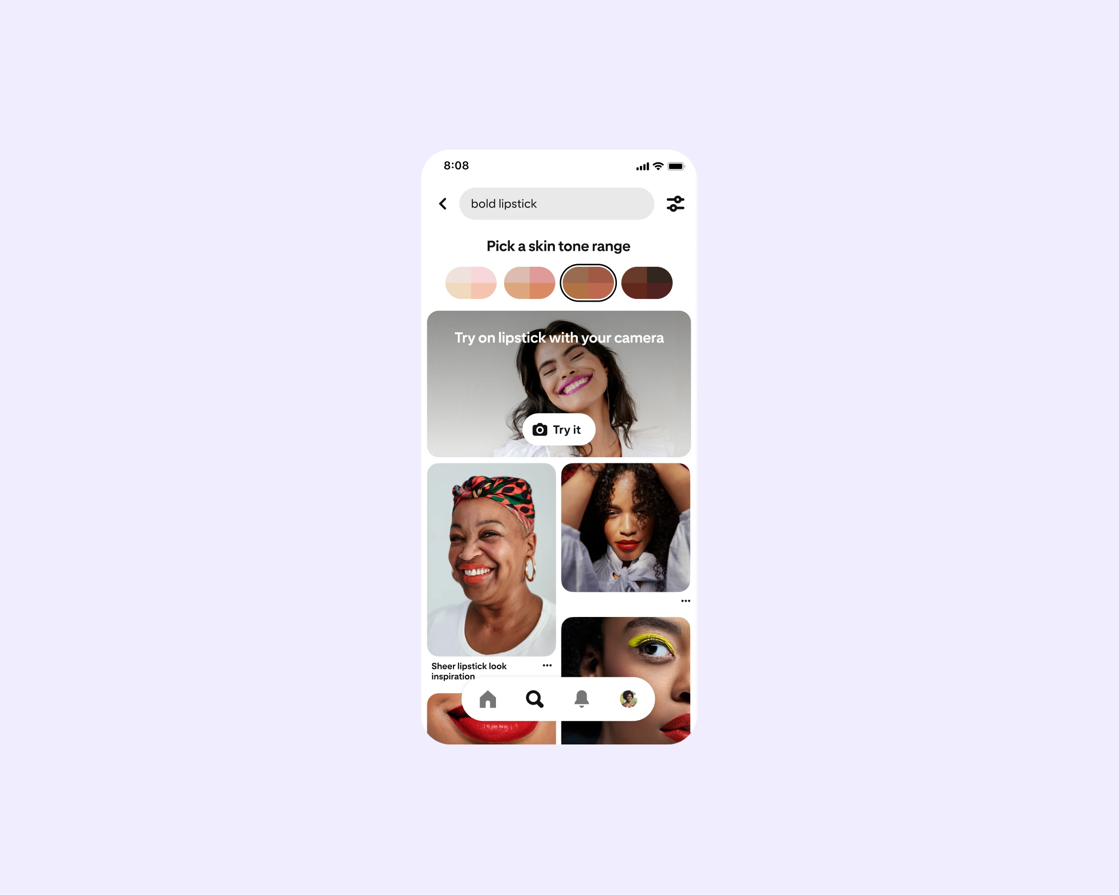 A phone screen shows Pinterest search results, which allow you to select a skin tone range for results.