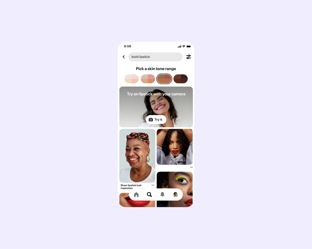 A phone screen shows Pinterest search results, which allow you to select a skin tone range for results.