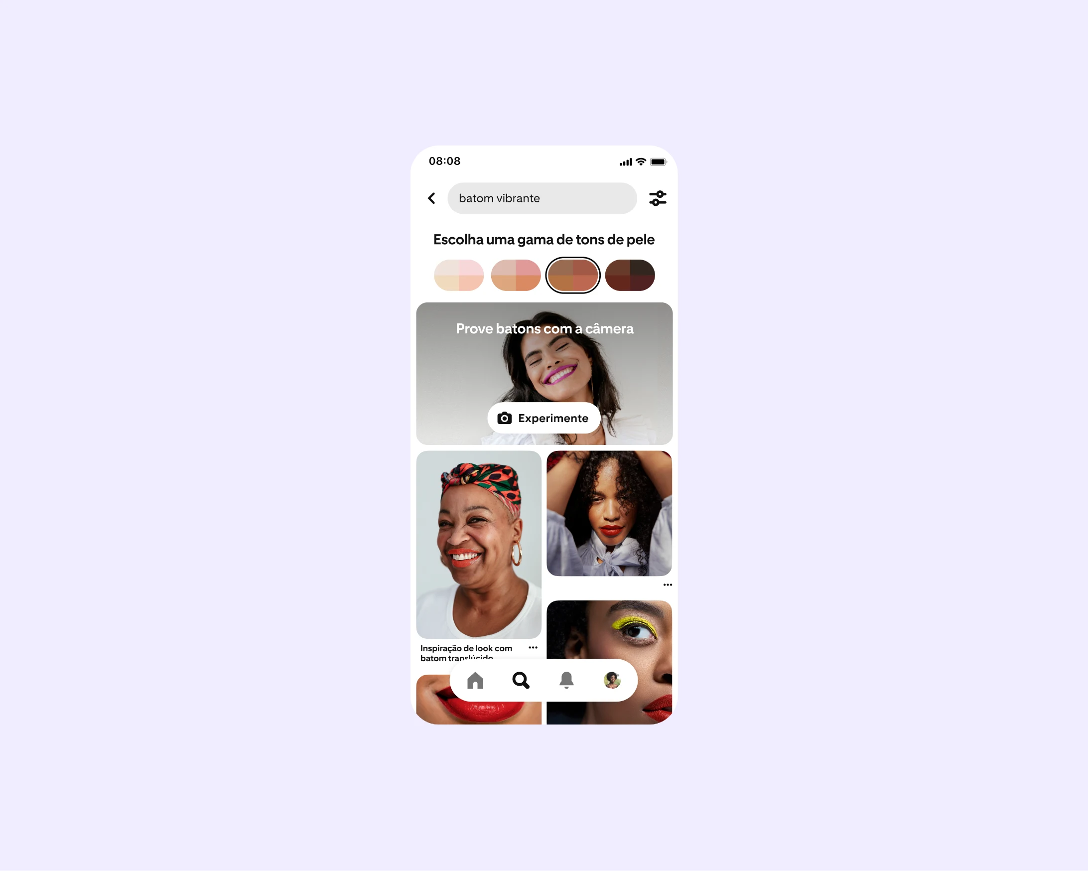 Uma tela de telefone mostrando os resultados da busca no Pinterest com a seleção de gama de tons de pele.