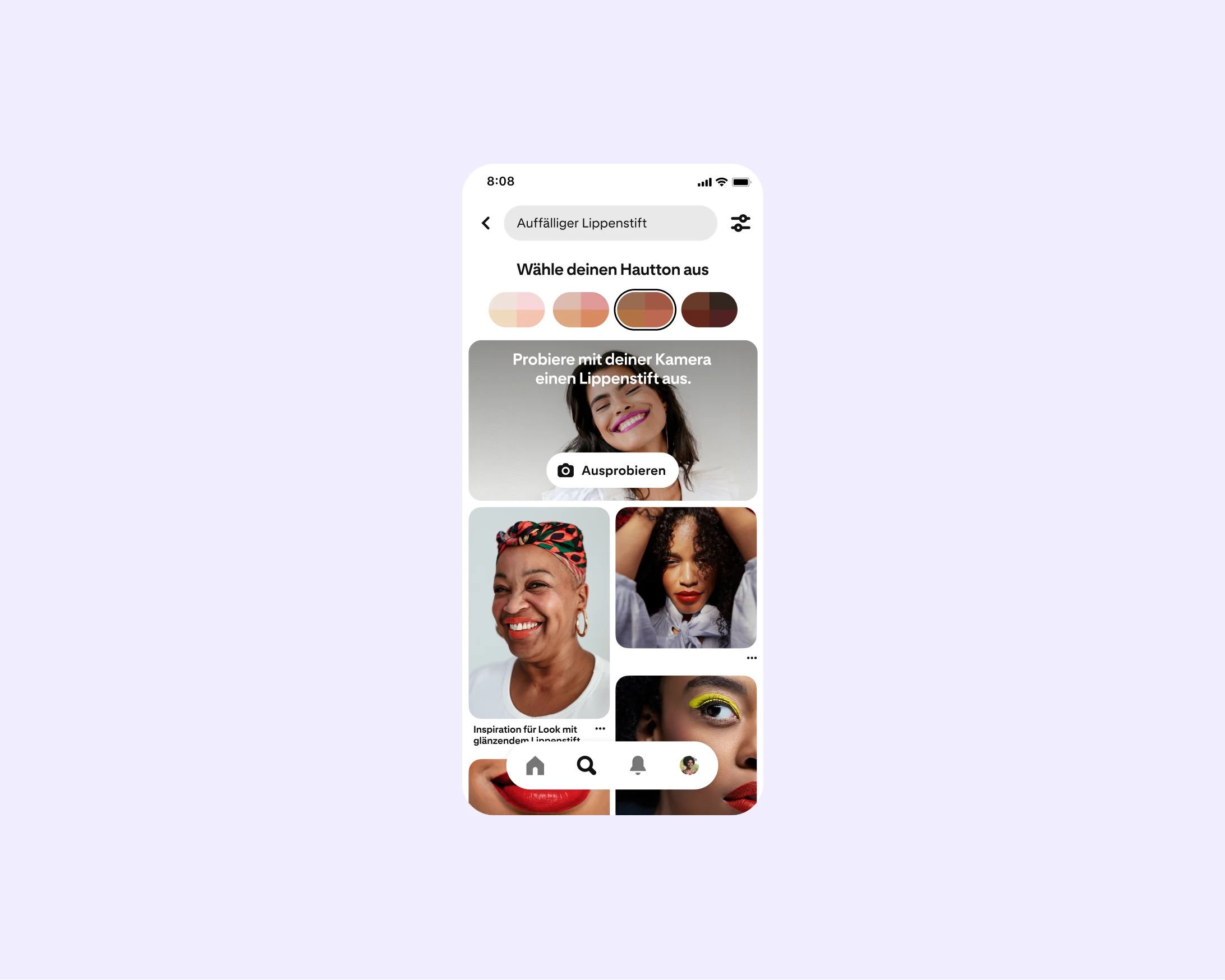 Ein Telefonbildschirm mit Suchergebnissen auf Pinterest mit Hautton-Auswahl
