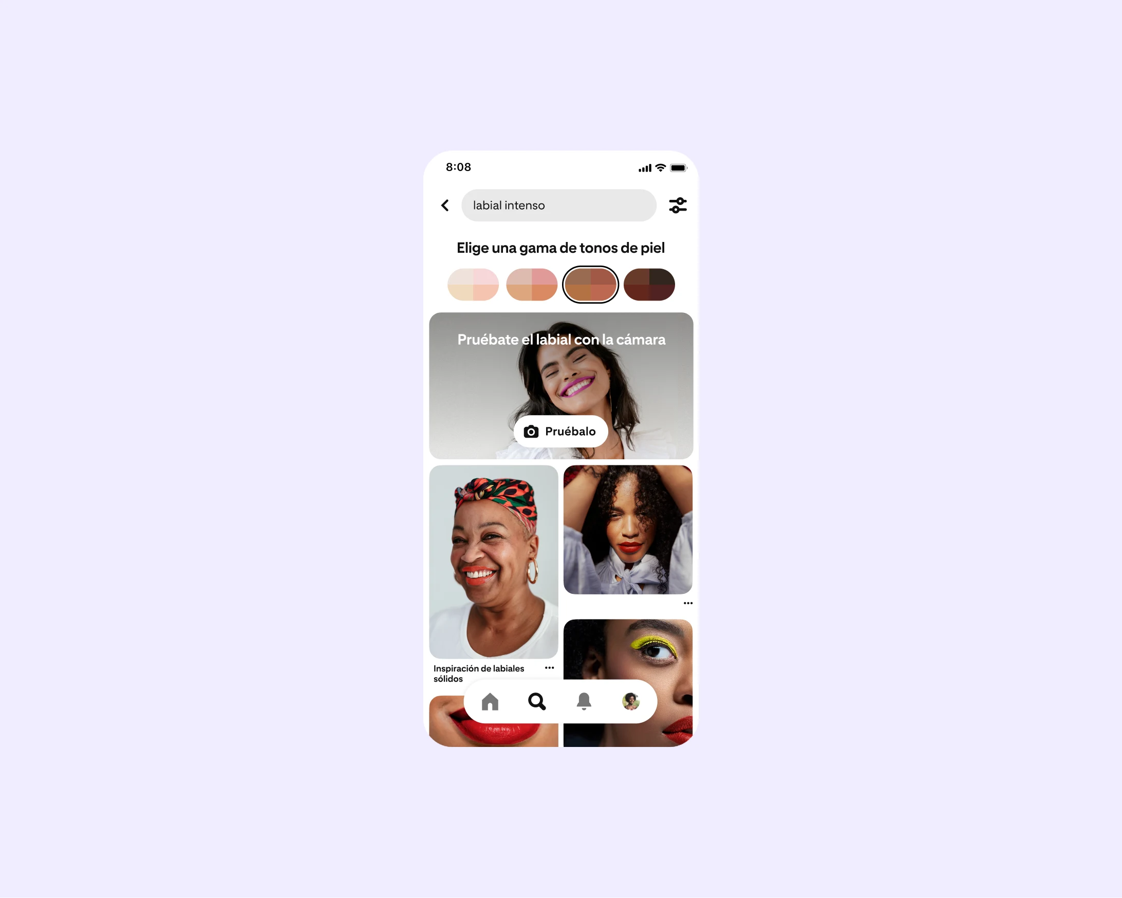 La pantalla de un teléfono donde se muestran los resultados de una búsqueda en Pinterest, en la que puedes seleccionar una gama de tonos de piel.