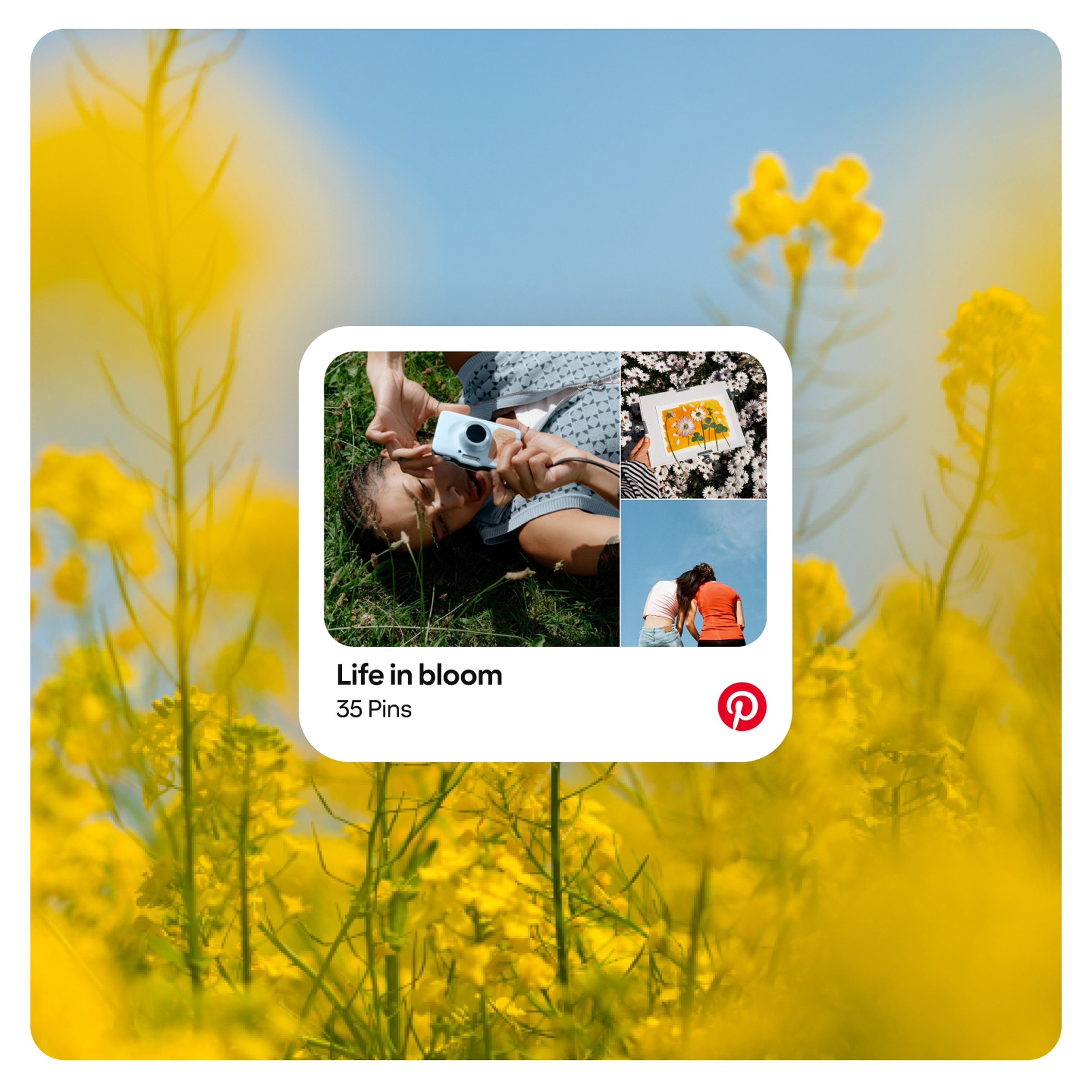 Pinterest board preview titled “Life in bloom,” with photos of a person lying in the grass holding a camera, a floral artwork, and two people standing together under a blue sky, overlaid on a blurred field of yellow flowers.