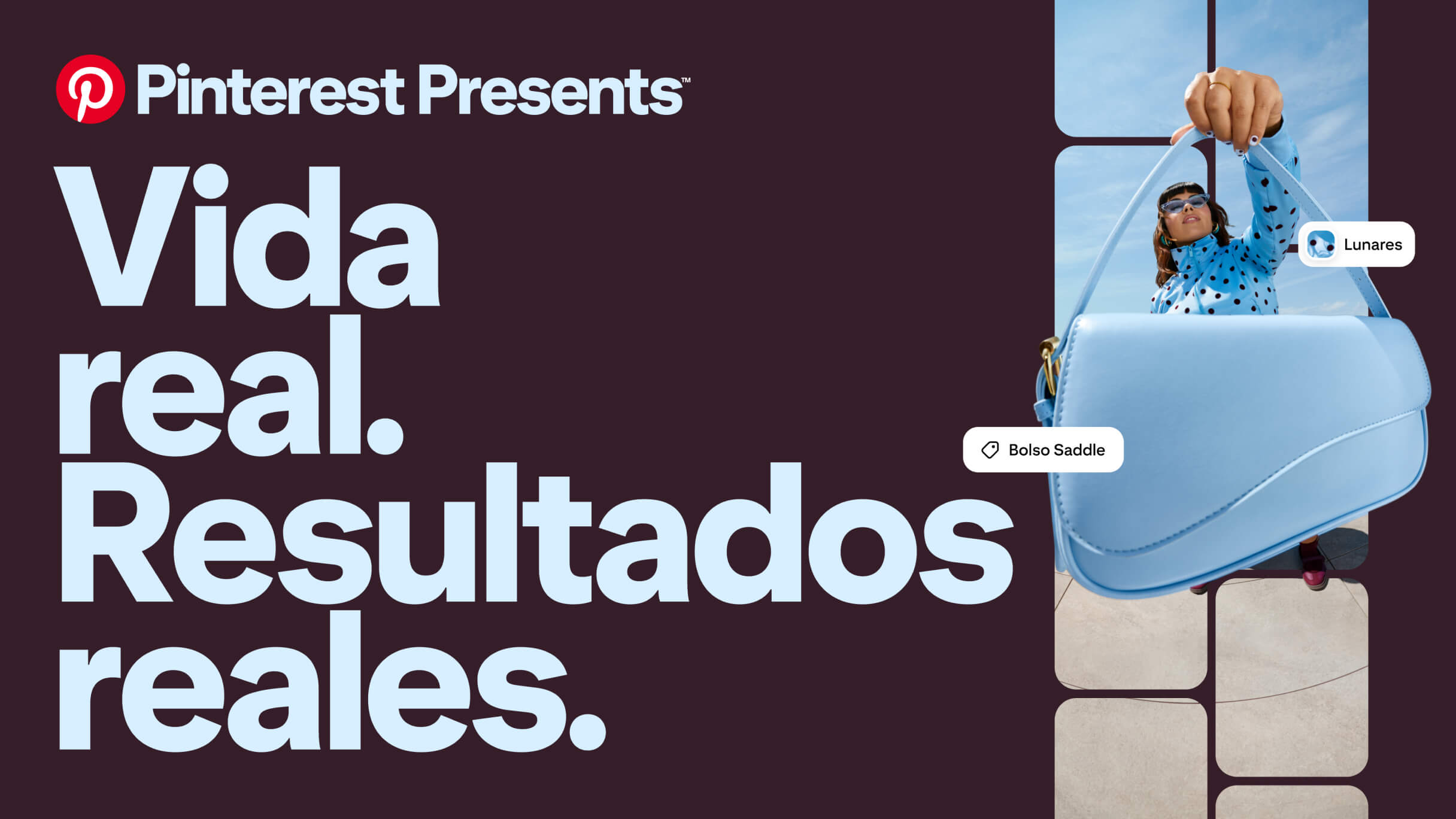 Pinterest Presents: Vida real. Resultados reales. Mujer con bolso y etiquetas de compras.