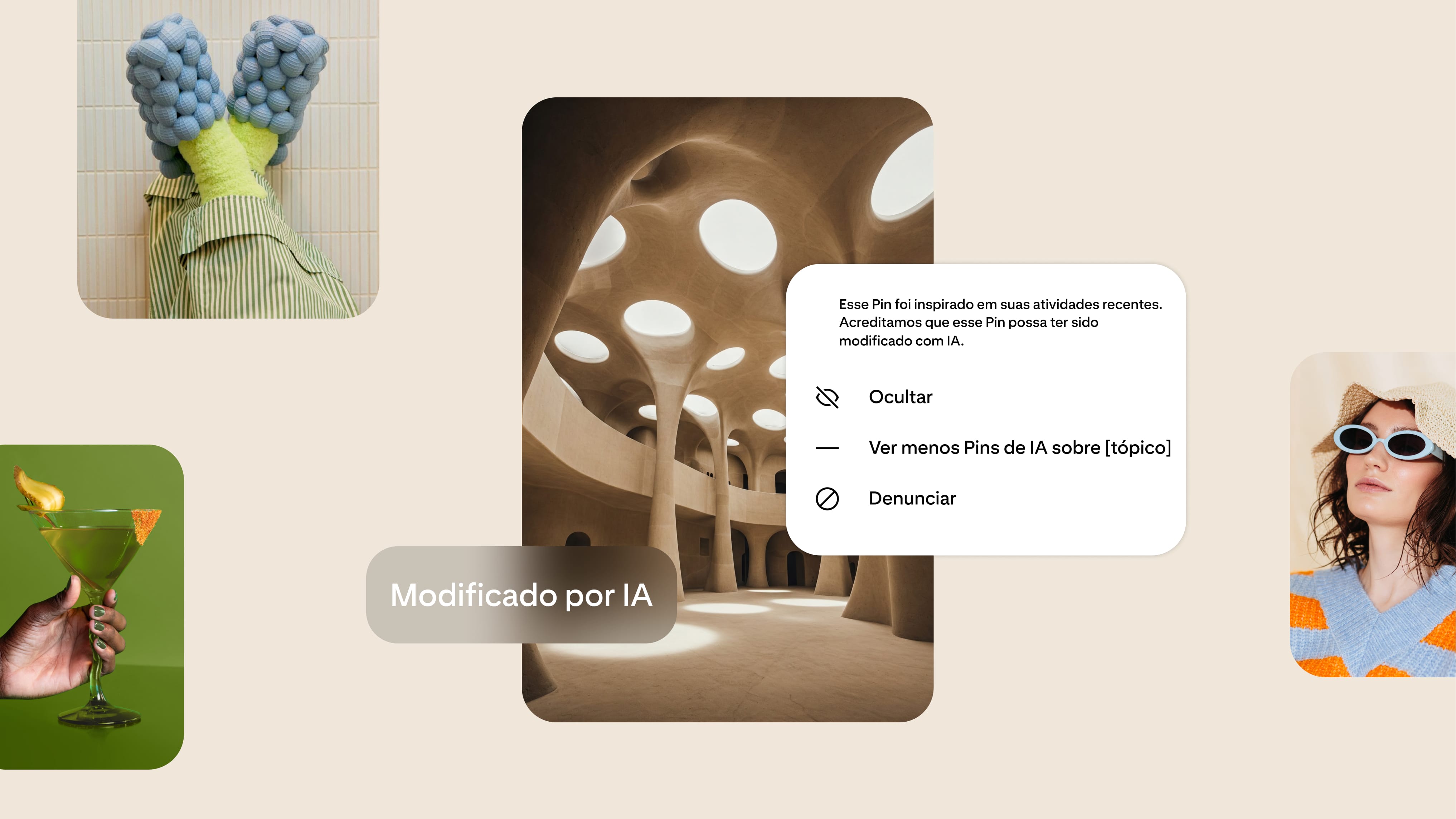 Uma imagem de arquitetura em estilo futurista mostra um rótulo e um pop-up que explicam que ela pode ter sido modificada com IA. Os usuários têm a opção de ocultar ou ver menos conteúdo relacionado à IA.