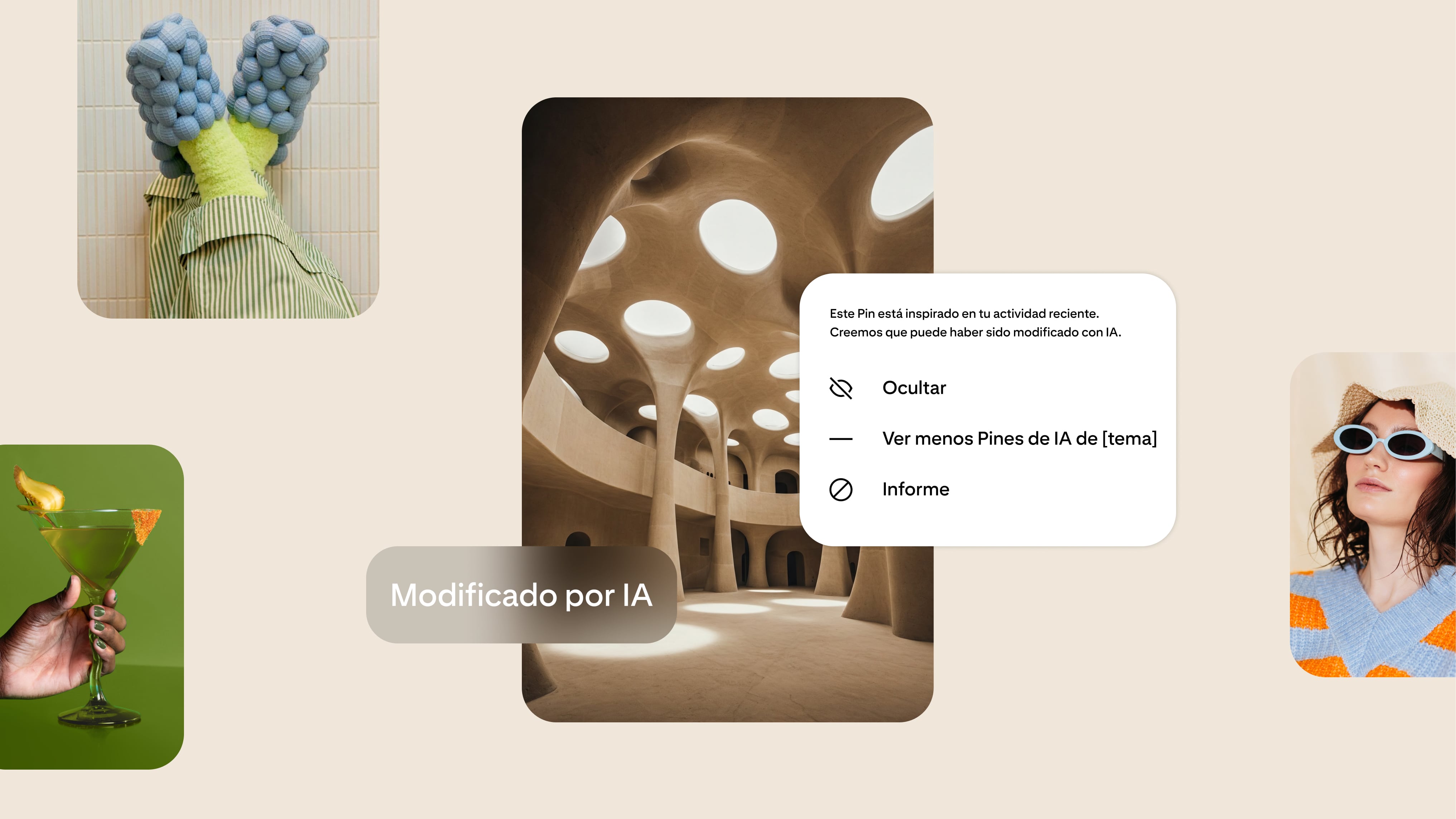 Una imagen de arquitectura de estilo futurista muestra una etiqueta y una ventana emergente que explica que podría haber sido modificada con IA. Los usuarios pueden ocultar o ver menos contenido relacionado con la IA.