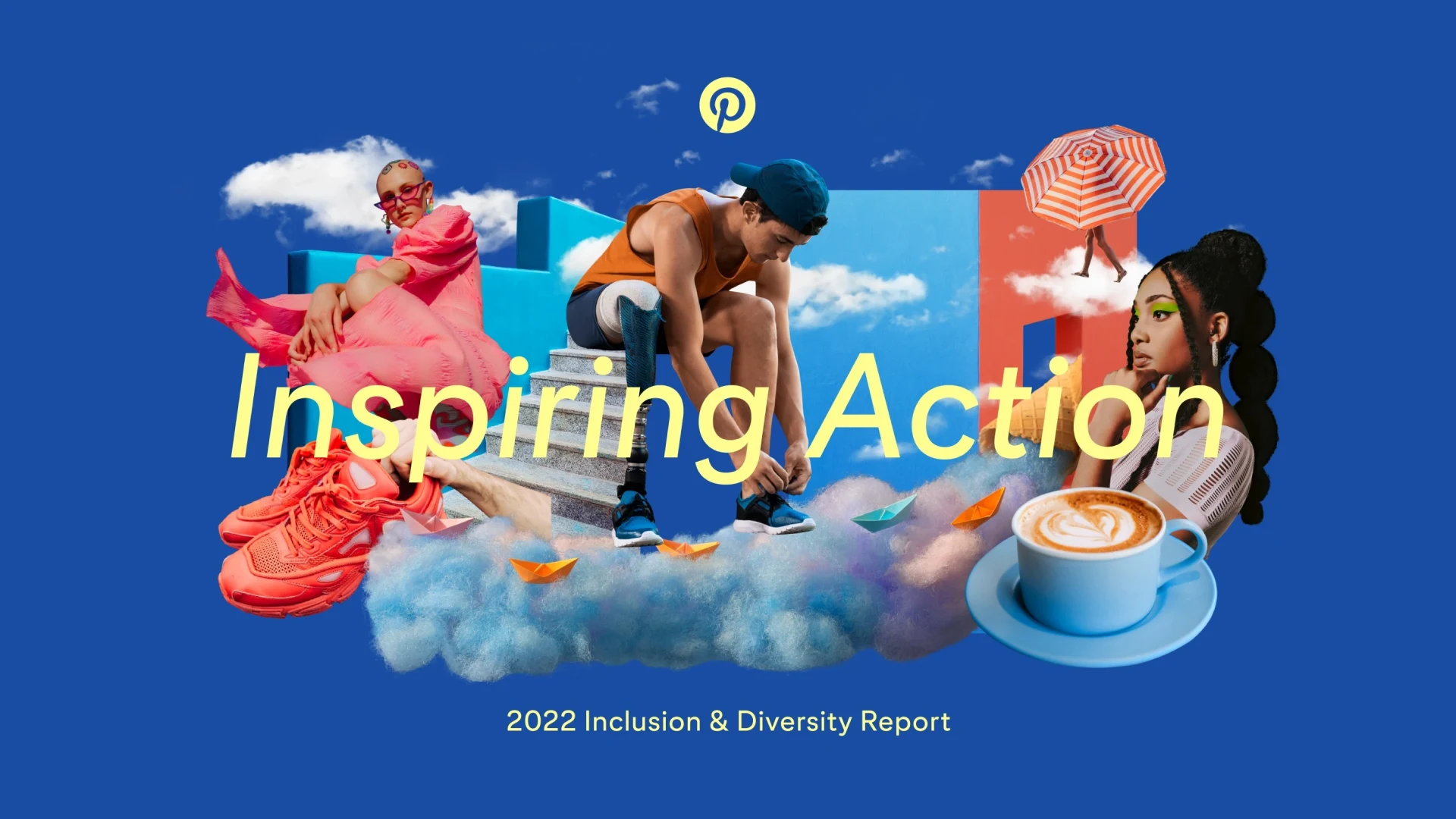 The words "Inspiring Action" are displayed over a collage of images depicting Pinterest-inspired fashion, beauty, food and lifestyle trends