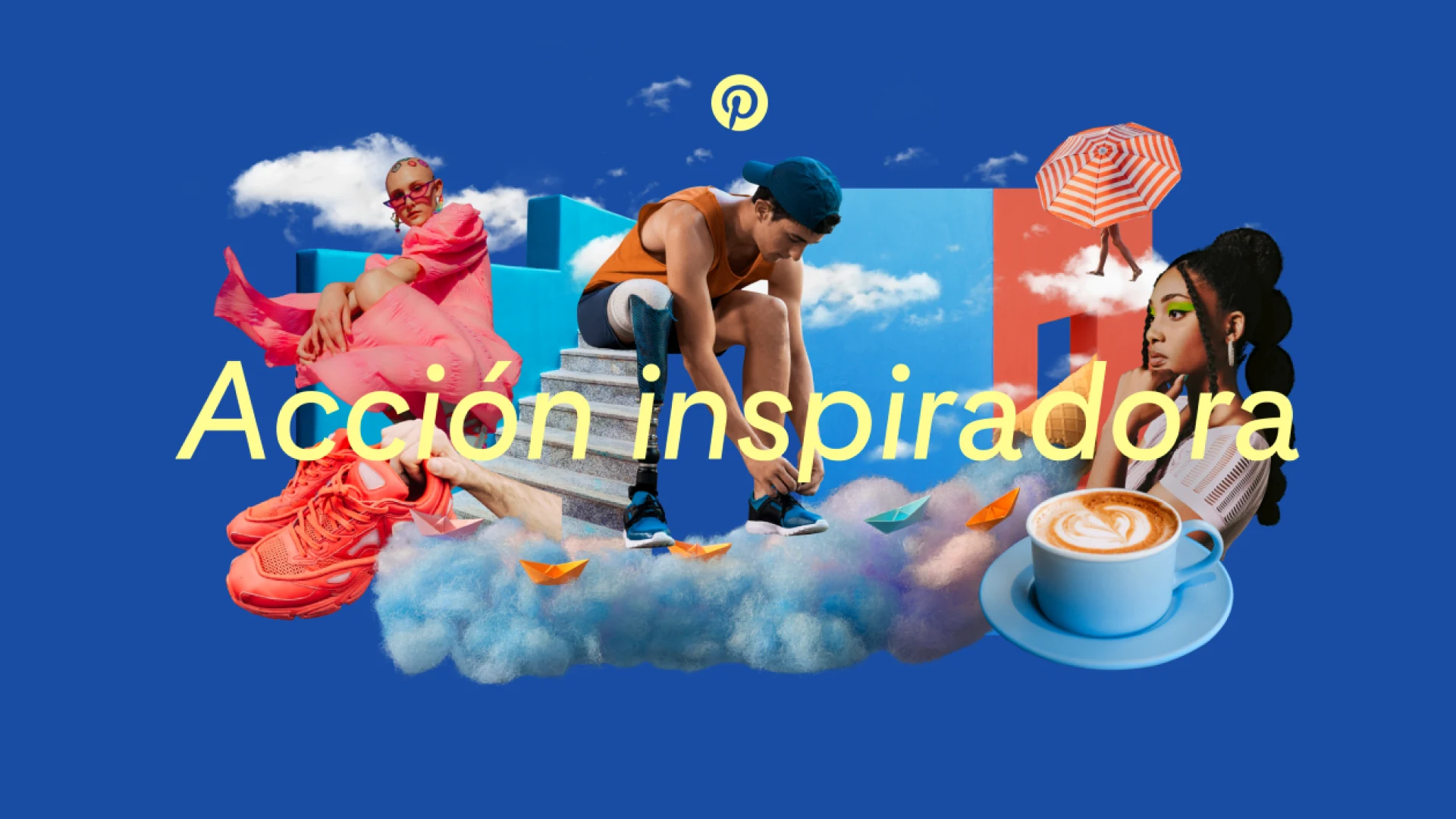 Las palabras "Acción inspiradora" aparecen sobre un collage de imágenes que representa tendencias de moda, belleza, comida y estilo de vida inspiradas en Pinterest
