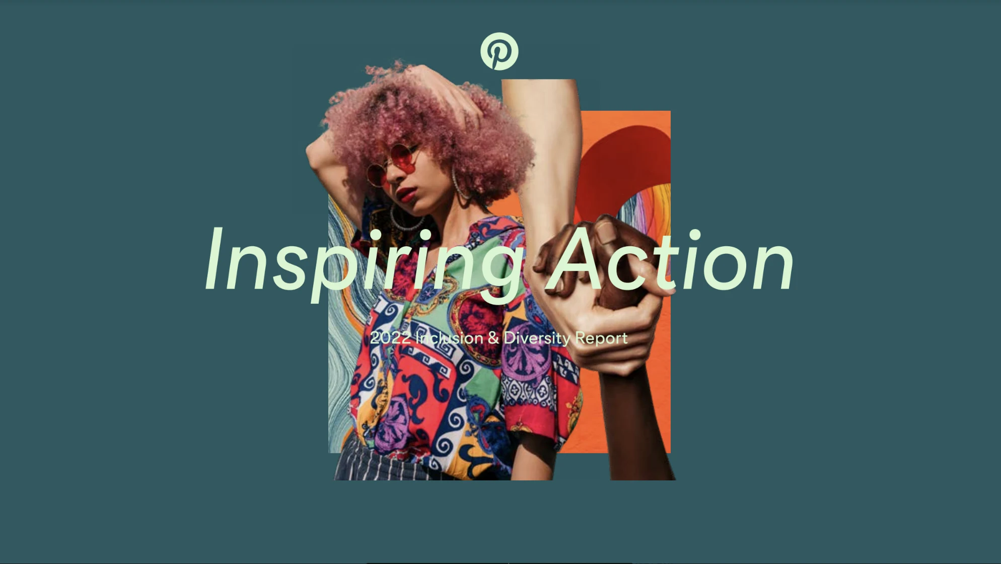 Die Worte „Inspiring Action“ werden über einer Collage von Bildern angezeigt, die von Pinterest inspirierte Mode-, Beauty-, Food- und Lifestyle-Trends zeigen
