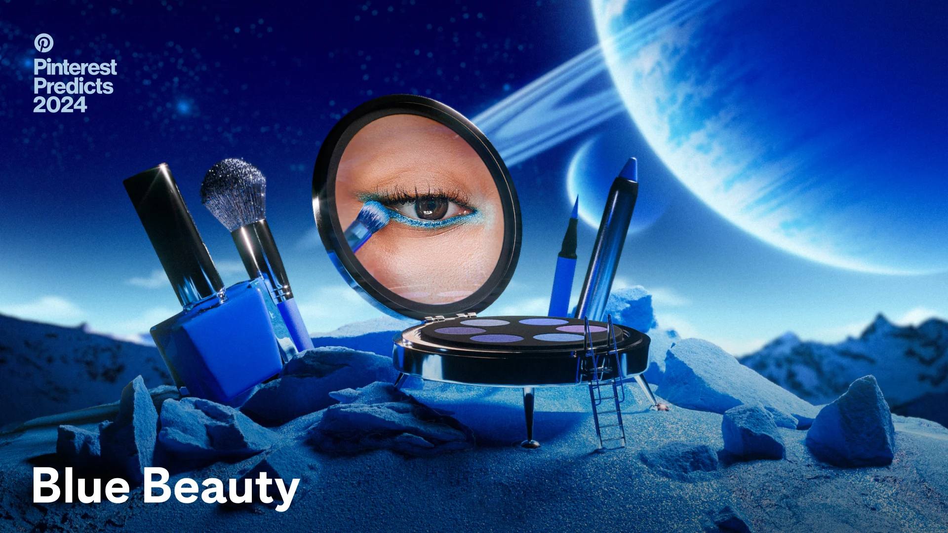 Bei einer Miniatur-Mondlandung fungiert eine Augenpalette als Raumschiff und enthüllt ein blaues Augen-Make-up, Seite an Seite mit blauen Linern, Pinsel und Nagellack