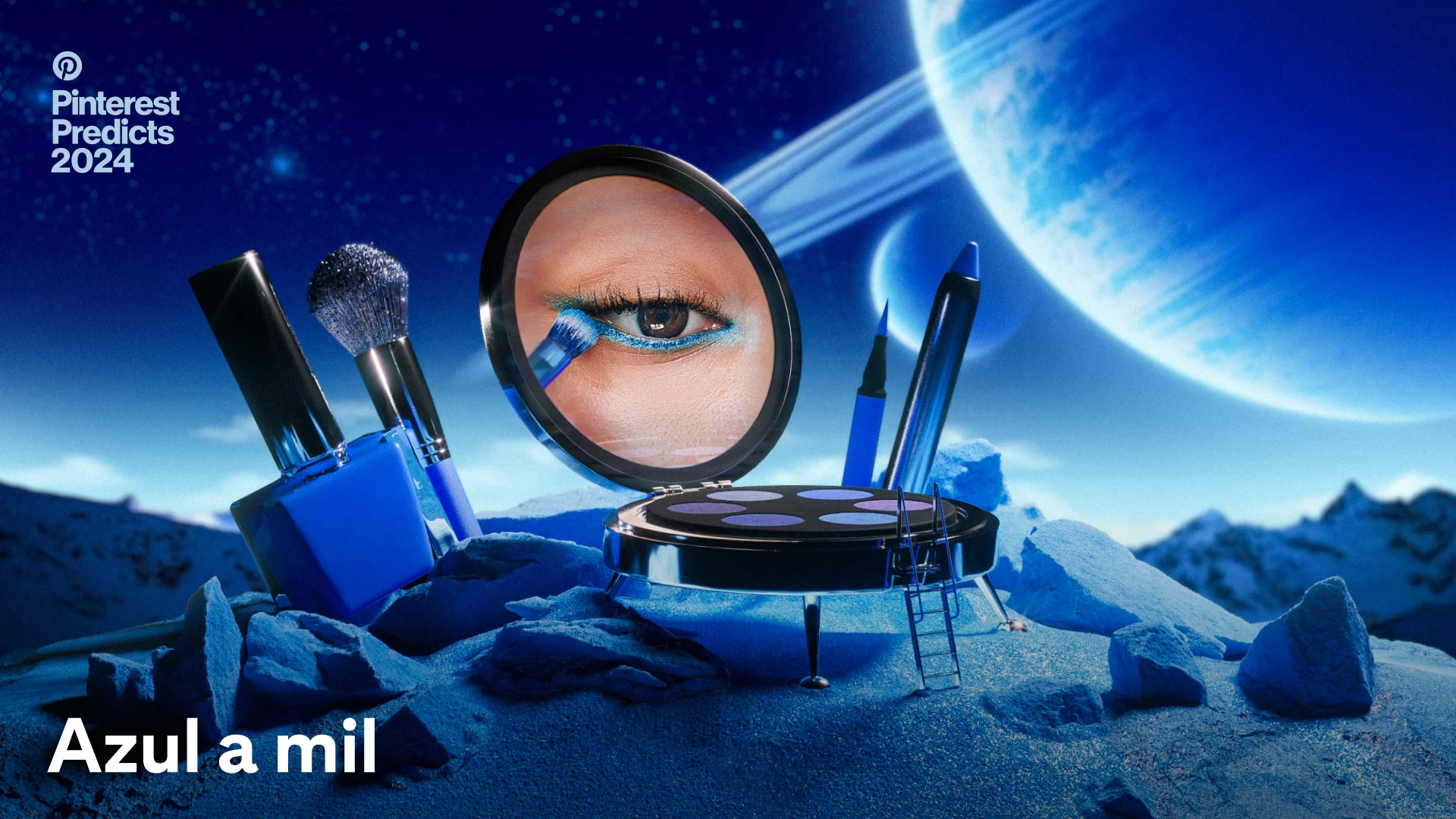 em um pouso em miniatura na lua, uma paleta de olhos é a nave espacial e revela uma maquiagem azul nos olhos, lado a lado com delineador azul, pincel e esmalte