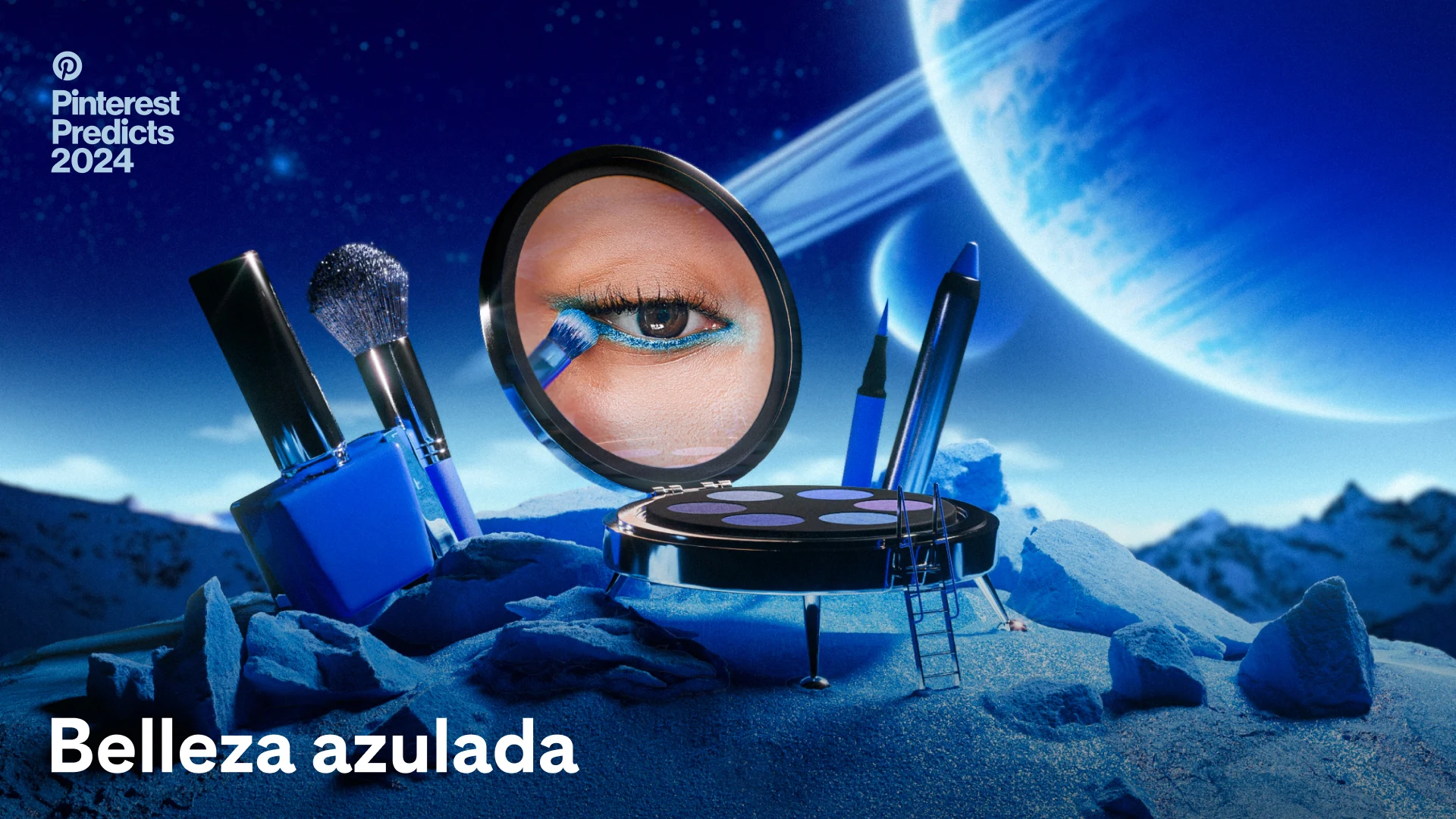 en un alunizaje en miniatura, una paleta de ojos es la nave espacial y revela un maquillaje de ojos azul, al lado de delineadores azules, pincel y esmalte de uñas