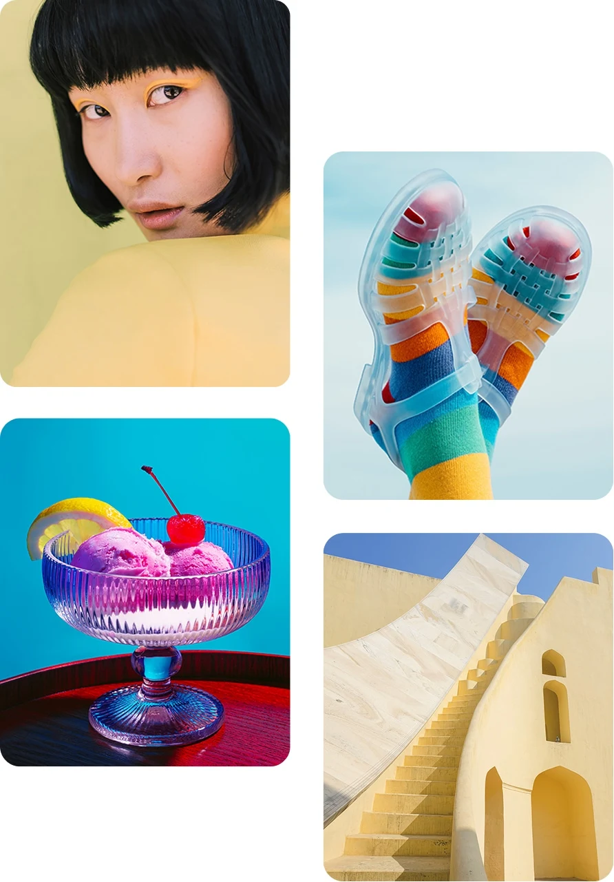 A grid of Pinterest Pins showing a woman with yellow eye make-up, a colourful ice-cream sundae, jelly shoes and a light-yellow building