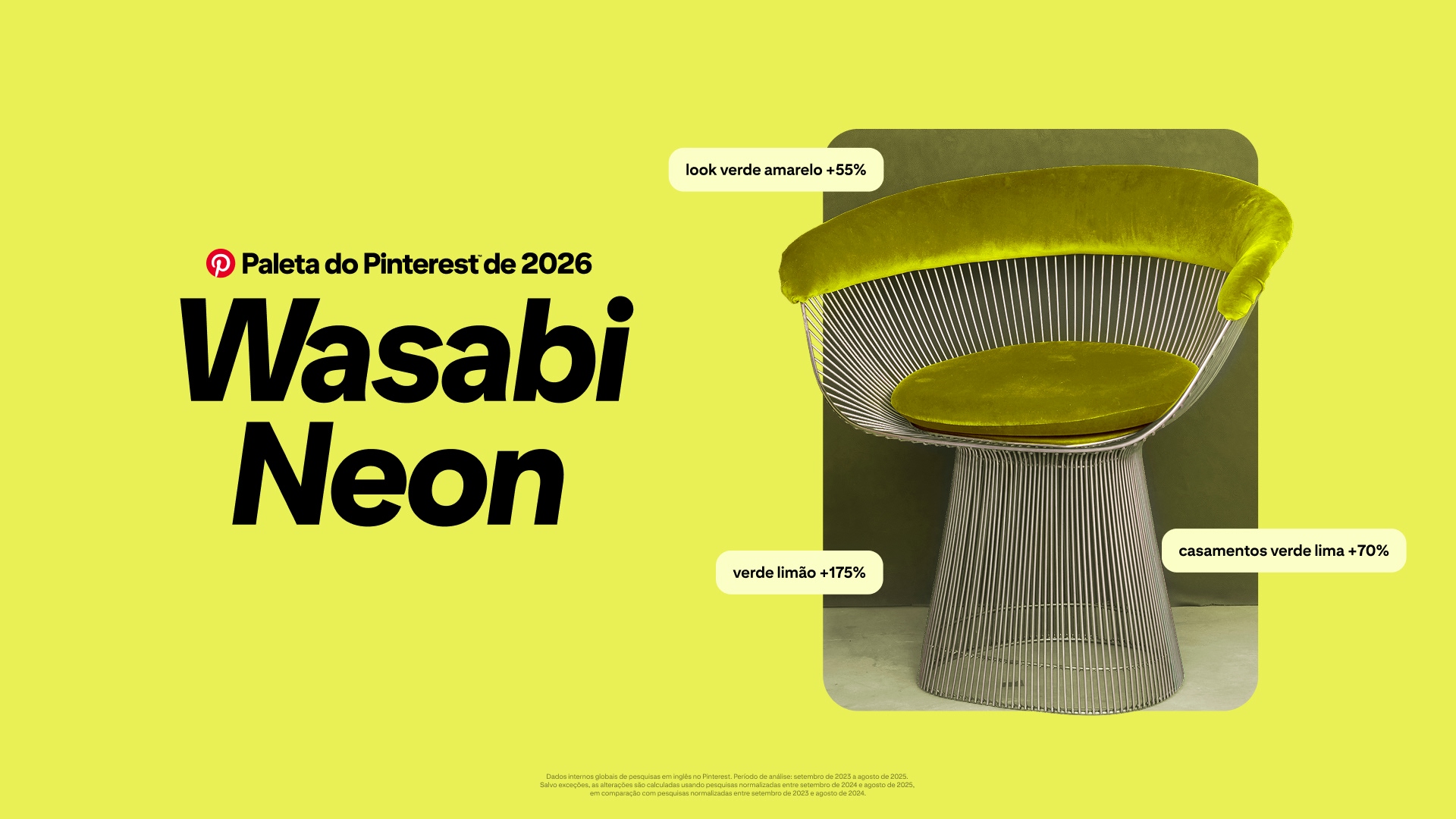 Um fundo amarelo‑esverdeado vibrante com um grande texto em preto dizendo “Paleta do Pinterest de 2026 Wasabi Neon”. À direita, há uma cadeira moderna com hastes finas de metal e estofamento macio em chartreuse no assento e no encosto curvado. 