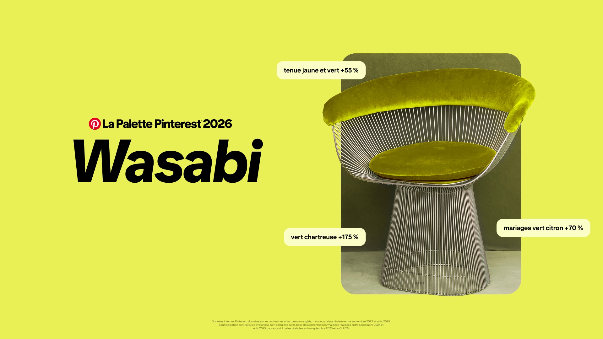 Un fond jaune-vert éclatant avec un grand texte noir indiquant « La Palette Pinterest 2026 Wasabi ». À droite, un fauteuil moderne, composé de fines tiges métalliques et d’un revêtement chartreuse moelleux sur l’assise et le dossier courbé. 