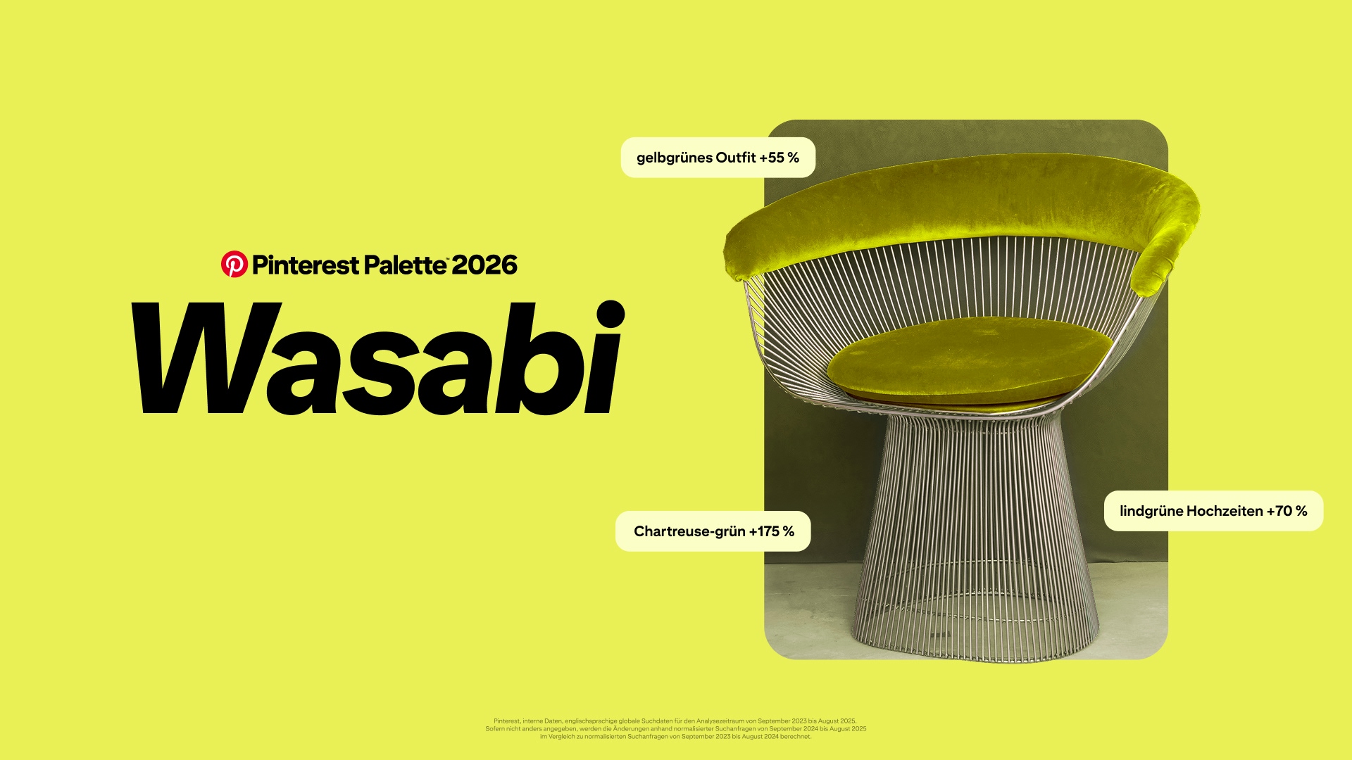 Ein leuchtend gelbgrüner Hintergrund mit großem schwarzen Text 'Pinterest Palette 2026 Wasabi.' Rechts ist ein moderner Stuhl mit dünnen Metallstäben und weicher Chartreuse-Polsterung auf der Sitzfläche und der geschwungenen Rückenlehne zu sehen.