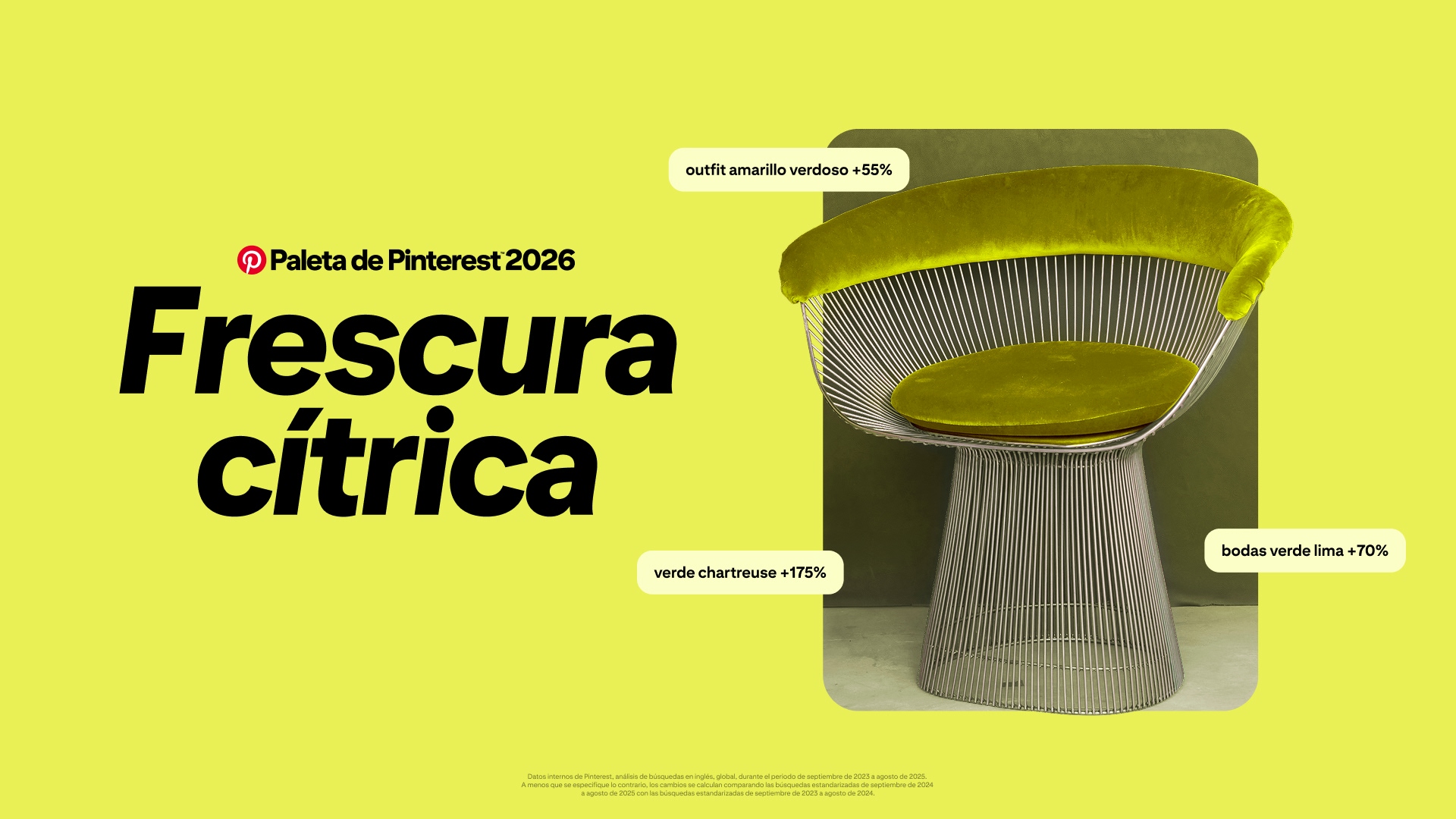 Un fondo frescura cítrica brillante con un gran texto negro que dice “Pinterest Palette 2026 Frescura cítrica”. A la derecha hay una silla moderna con varillas delgadas de metal y un tapizado celeste fresco en el asiento y respaldo curvado. 