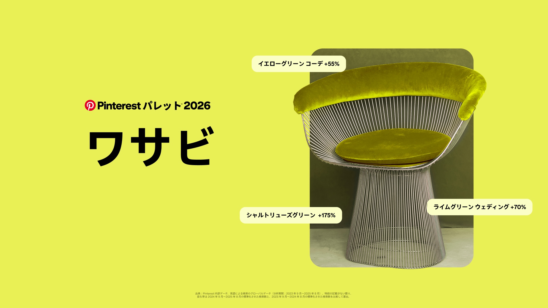 明るい黄緑色の背景に、大きな黒い文字で「Pinterest パレット 2026 ワサビ」と書かれています。右側には、細い金属のフレームに、座面とカーブした背もたれにふかふかのシャルトリューズ色の張地をあしらったモダンな椅子が描かれています。椅子の周りには「イエローグリーン コーデ +55%」「シャルトリューズグリーン +175%」「ライムグリーン ウェディング +70%」という小さな丸いラベルが配置されています