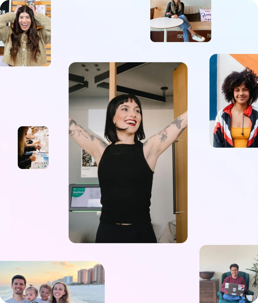 A collage of images of diverse people over a pastel gradient background