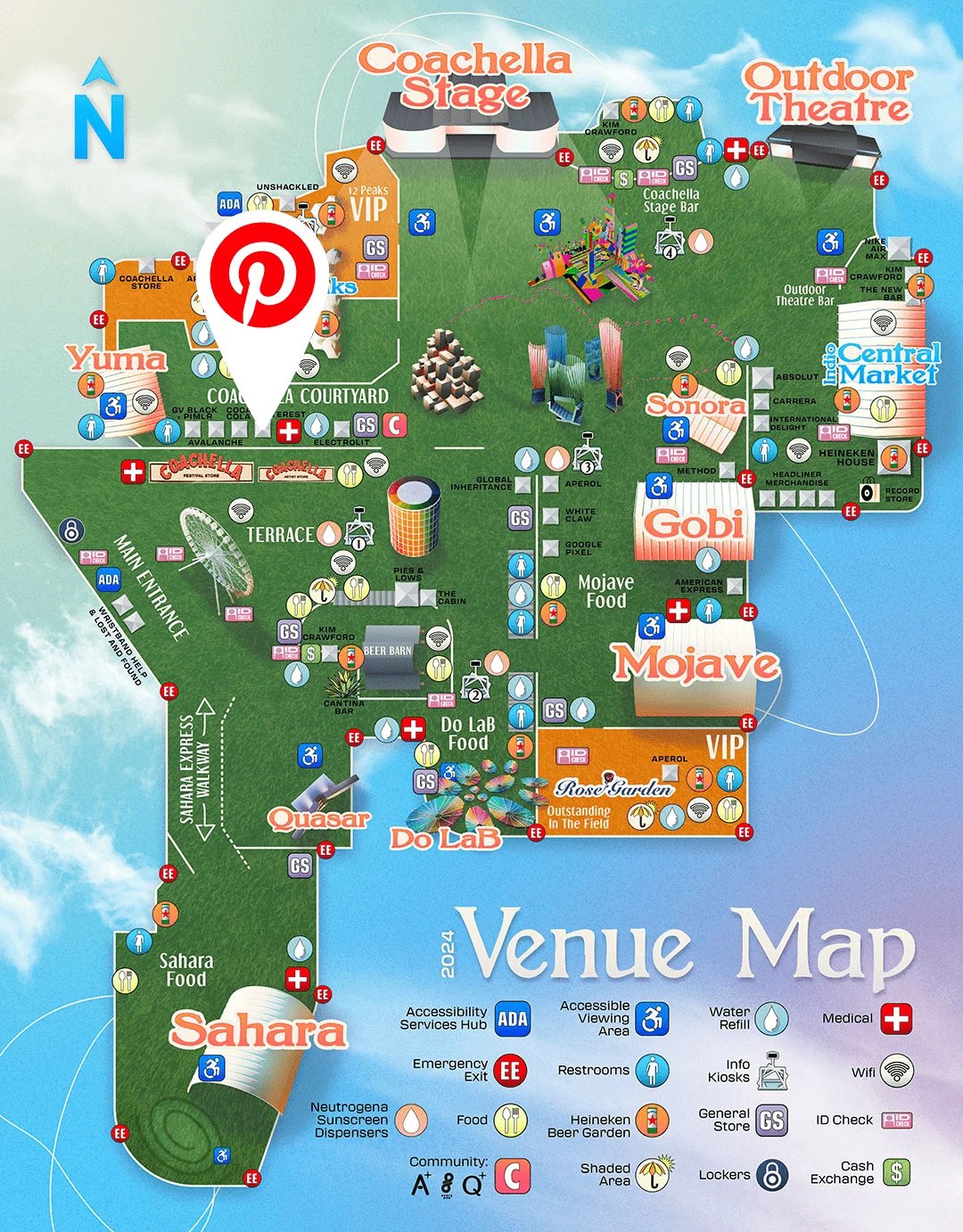 An illustrated map of the 2024 Coachella festival grounds shows festival-goers where to find Pinterest Manifest Station