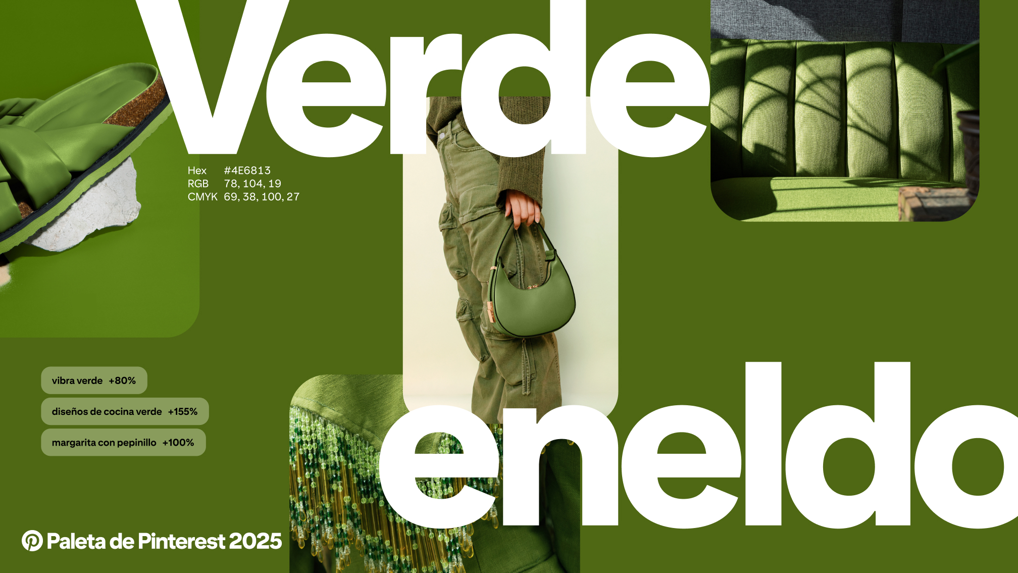 Las palabras “Verde eneldo” aparecen sobre imágenes y Pines de Pinterest verdes.