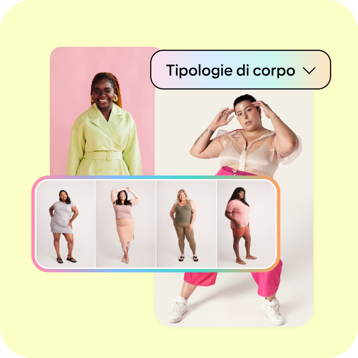 Una donna in posa con abiti sgargianti con un menu "Gamma di tipologie di corpo" sovrapposto e una serie di Pin che raffigurano persone con diverse tipologie di corpo.