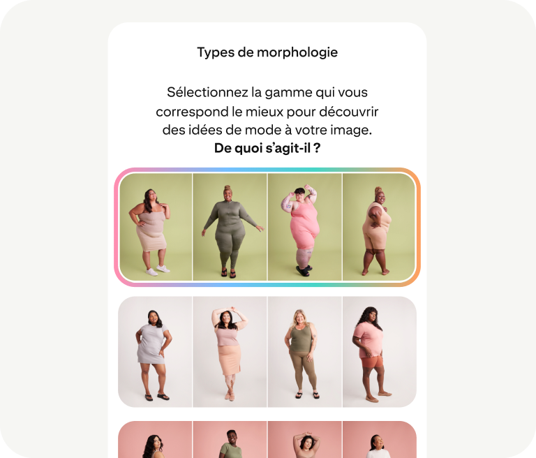 Un outil invite les utilisateurs à s’appuyer sur une sélection de photos pour choisir un type de morphologie représentatif qui les aidera à trouver l’inspiration mode.