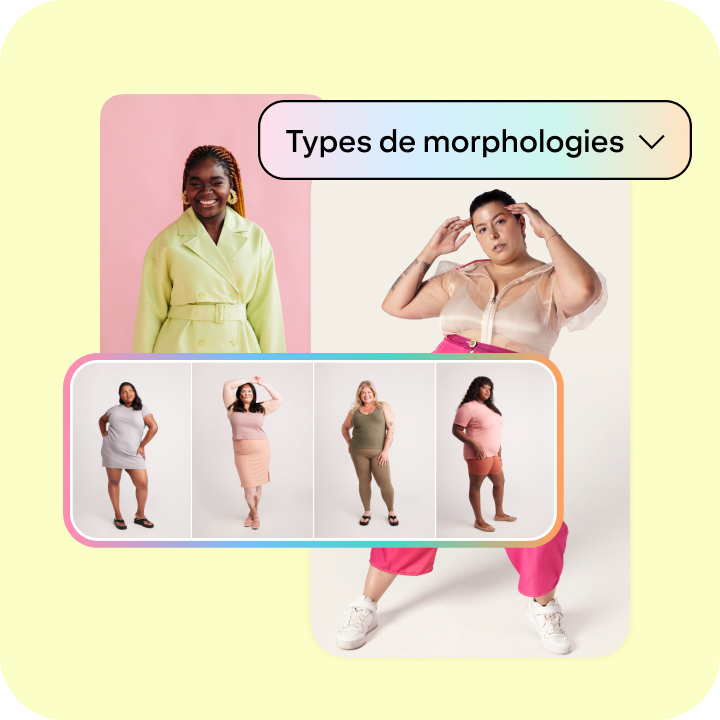 Une femme prenant la pose dans des vêtements aux couleurs vives, avec un menu « Types de morphologies » superposé et une rangée d’épingles présentant des personnes ayant différentes morphologies.