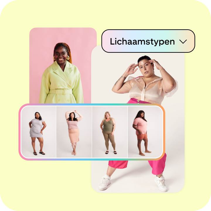 Een vrouw poseert in felgekleurde kleding met een menu 'Lichaamstypen' eroverheen en een rij afbeeldingen van mensen met verschillende lichaamstypen.