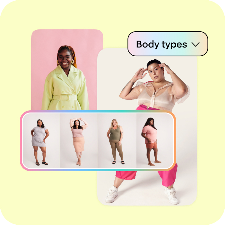 A woman posing in bright clothes with an overlaid ‘Body types’ menu and a row of Pins featuring people with different body types.