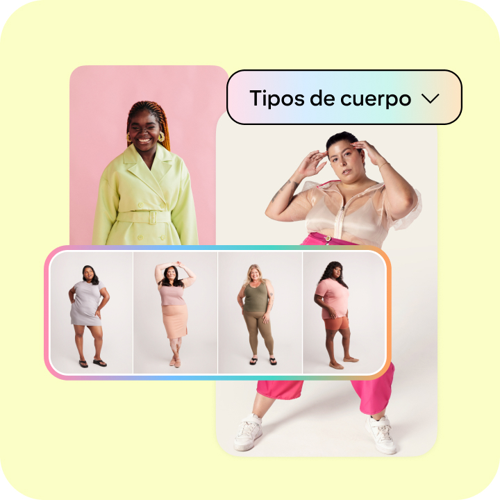 Una mujer posa con ropa brillante, con un texto superpuesto que dice “Tipos de cuerpo” y una fila de Pines con personas con diferentes tipos de cuerpo.