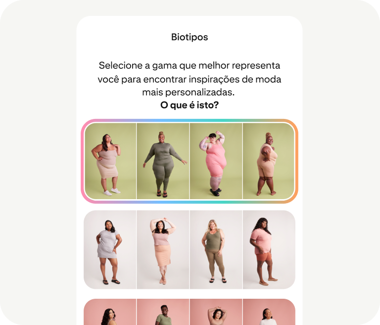 Uma ferramenta solicita que as pessoas escolham um tipo de corpo representativo entre as fotos para ver inspiração de moda representativa.