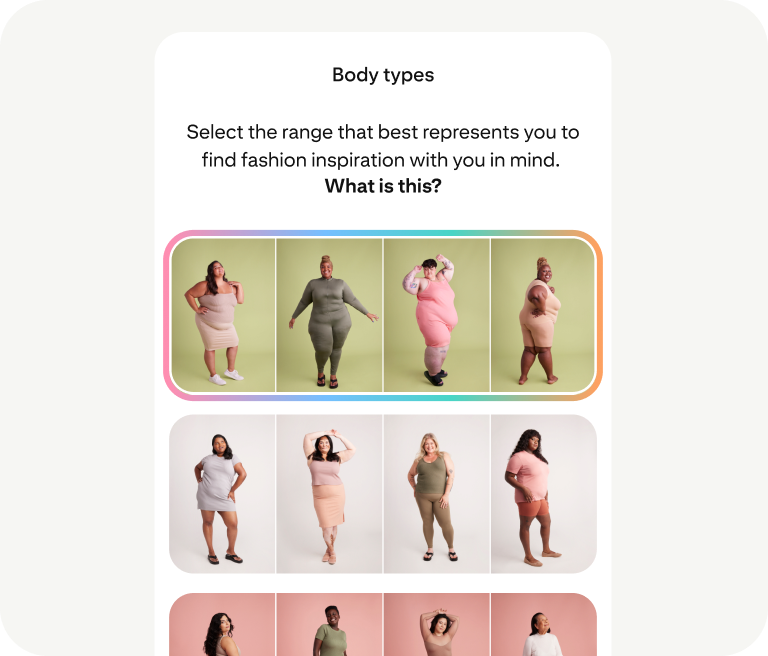 A tool prompts people to use a selection of photos to pick a representative body type that will help them find fashion inspiration.