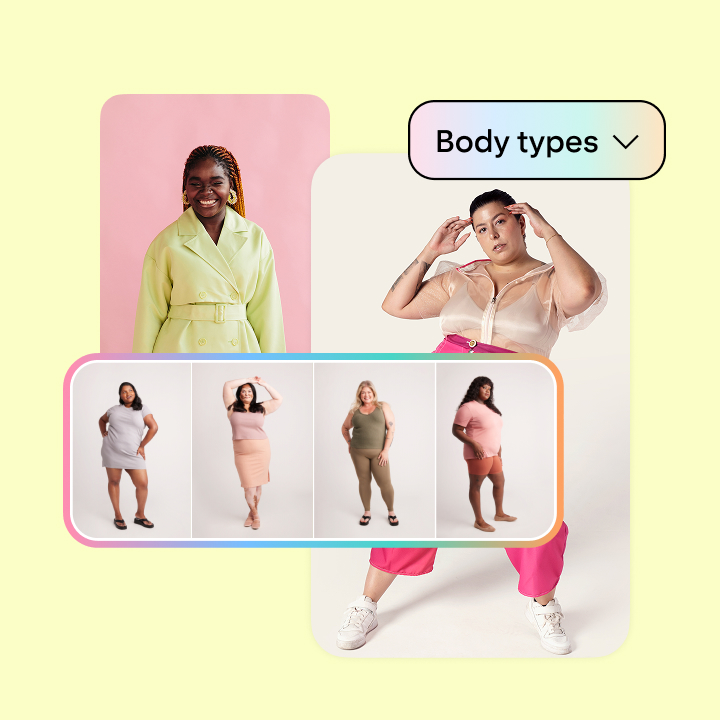 A woman posing in bright clothes with an overlaid “Body types” menu and a row of Pins featuring people with different body types.