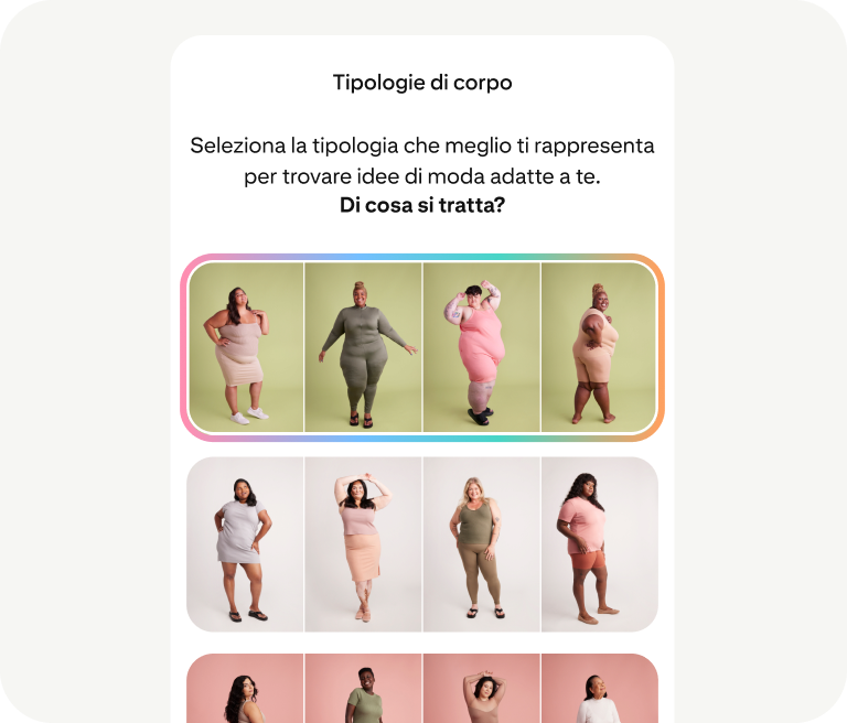 Uno strumento invita le persone a utilizzare una selezione di fotografie per scegliere una tipologia di corpo rappresentativa che le aiuti a trovare idee di moda.