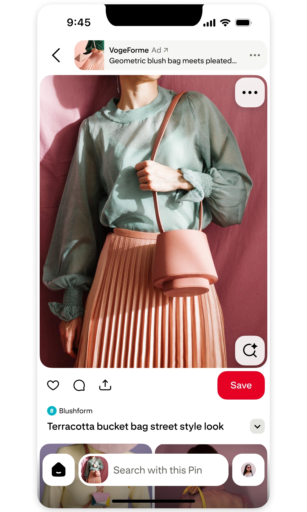 Visual Search Ads Product – Two images showing a search for a statement handbag, the selected Pin, and an advert for a similar handbag appearing across the top of the image.