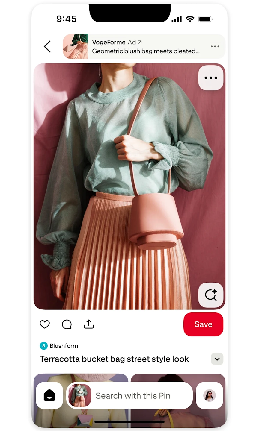 Visual Search Ads Product – Two images showing a search for a statement handbag, the selected Pin, and an advert for a similar handbag appearing across the top of the image.