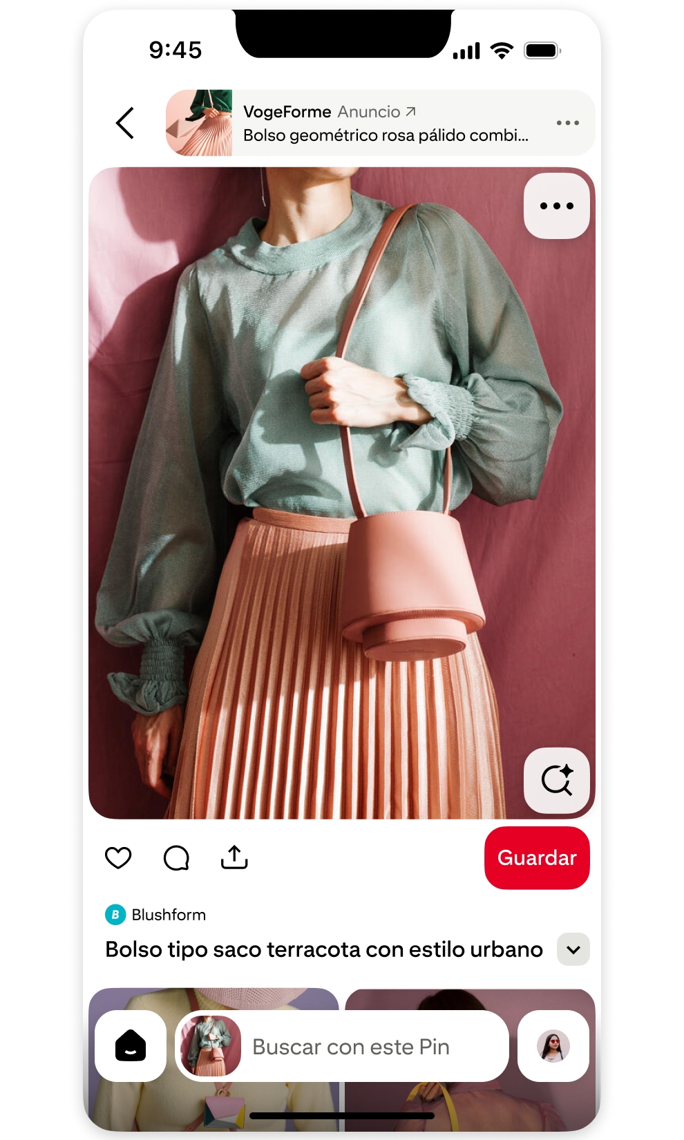 Visual Search Ads: - dos imágenes que muestran una búsqueda de un bolso llamativo, el Pin seleccionado y el anuncio de un bolso similar en la parte superior de la imagen.