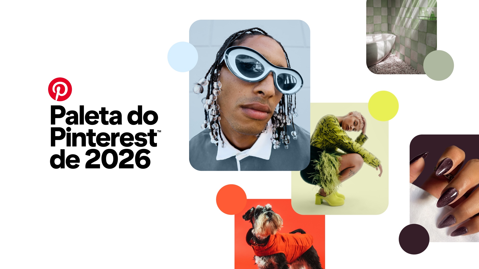 Paleta do Pinterest™ de 2026, colagem de pessoas, unhas, cachorro, cadeira, carro, maquiagem e figos em tons de azul frio, jade, ameixa, chartreuse e laranja.