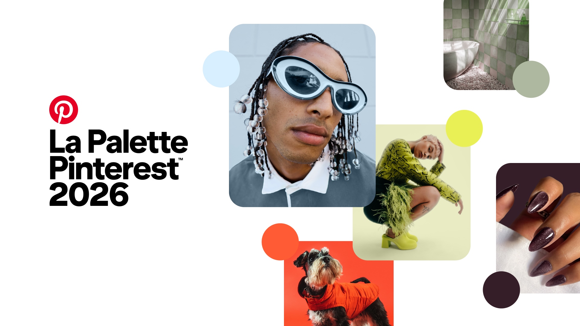 Collage Pinterest Palette™ 2026 : des personnes, des ongles, un chien, une chaise, une voiture, du maquillage et des figues dans des tons cool blue, vert sauge, cassis, wasabi et orange topaze. 